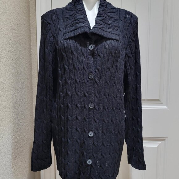 Jones NY Sport Cardigan Sweater 3X Black Cable Knit Cotton Blend Collar Button - Picture 1 of 10